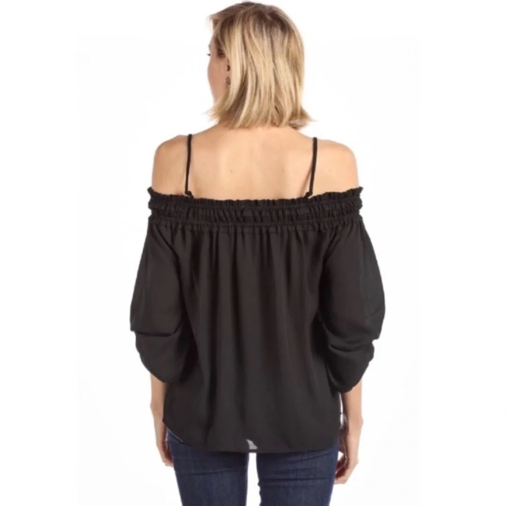 Off Shoulder Ruffled Peasant Blouse Spaghetti Strap Black - Picture 3 of 4